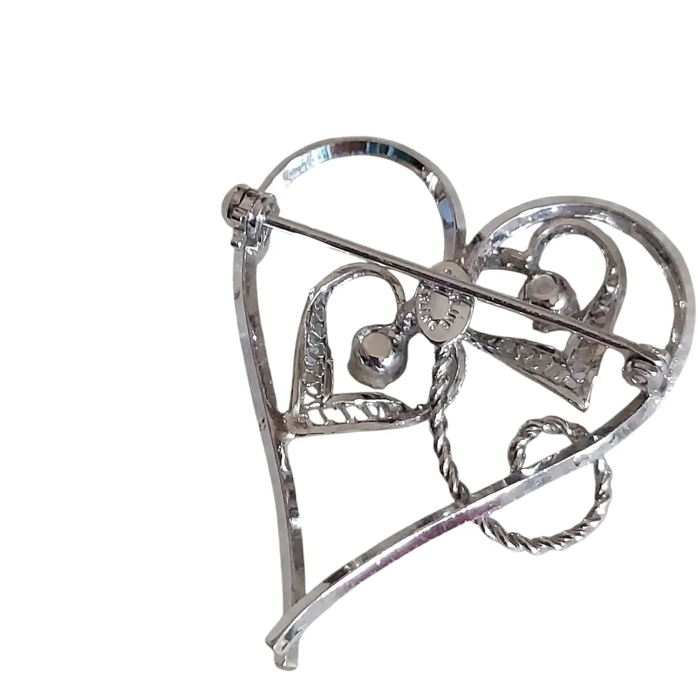 Vintage Sterling Silver Aurora Borealis Filigree Heart Brooch Pin